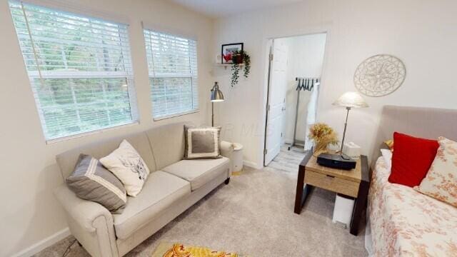 living room featuring light carpet and plenty of natural light