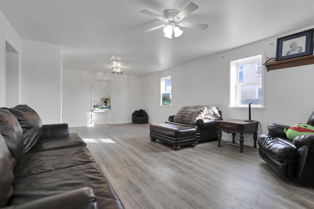 living room with ceiling fan, hardwood / wood-style floors, and a wealth of natural light