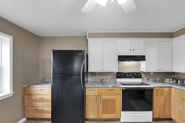 kitchen featuring black refrigerator, white cabinetry, ceiling fan, and range with electric cooktop