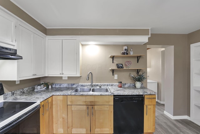 kitchen with dishwasher, sink, white cabinets, electric range, and light hardwood / wood-style floors