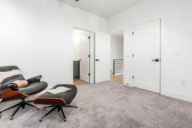 living area with light colored carpet