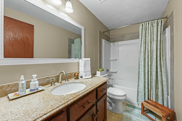 bathroom featuring a textured ceiling, toilet, shower / bath combination with curtain, and vanity