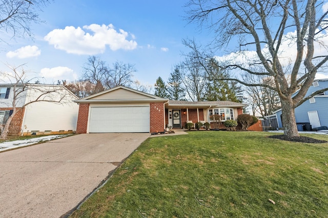 ranch-style home with an attached garage, driveway, brick siding, and a front yard