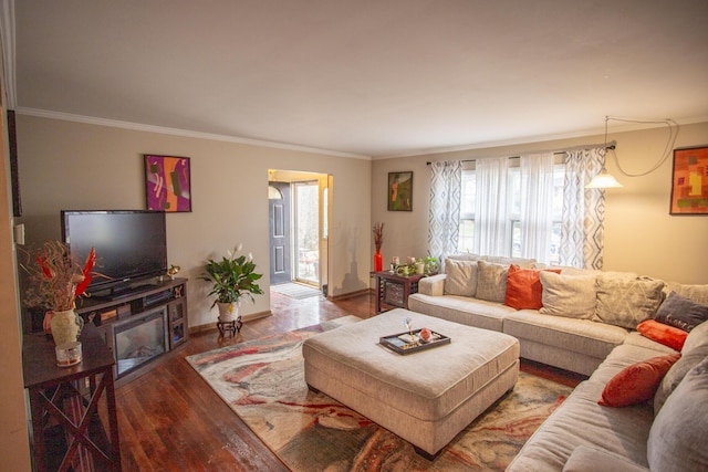 living room with crown molding and hardwood / wood-style flooring