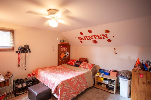 carpeted bedroom featuring vaulted ceiling and ceiling fan