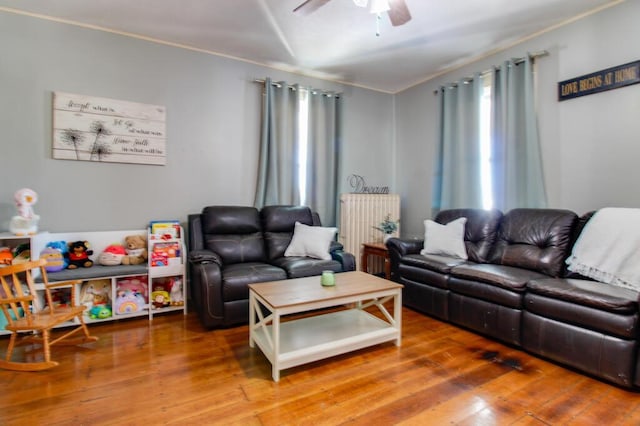 living room with crown molding, ceiling fan, radiator, and hardwood / wood-style floors