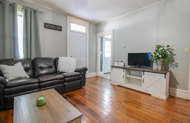 living room with crown molding and dark hardwood / wood-style flooring