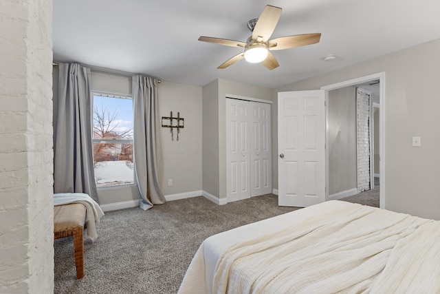 bedroom with ceiling fan, a closet, and carpet