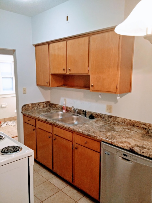 kitchen with white electric range oven, sink, stainless steel dishwasher, and light tile patterned flooring