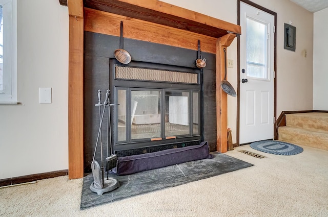 details featuring electric panel and carpet