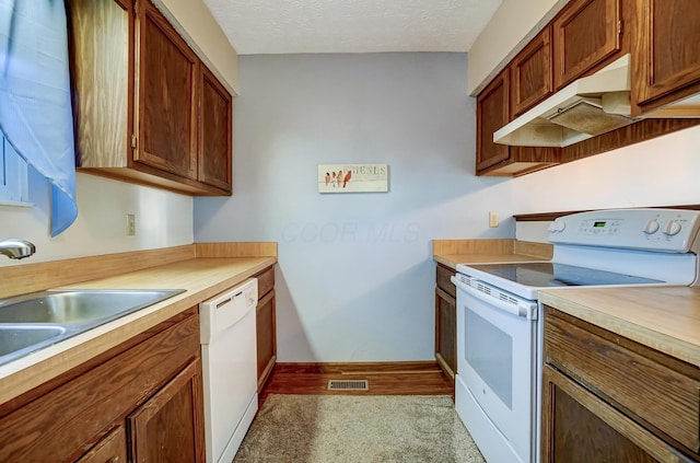 kitchen with light carpet, white appliances, sink, and a textured ceiling