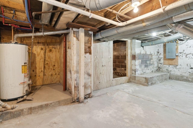 basement with gas water heater and electric panel