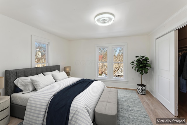 bedroom featuring a closet, light hardwood / wood-style floors, and multiple windows