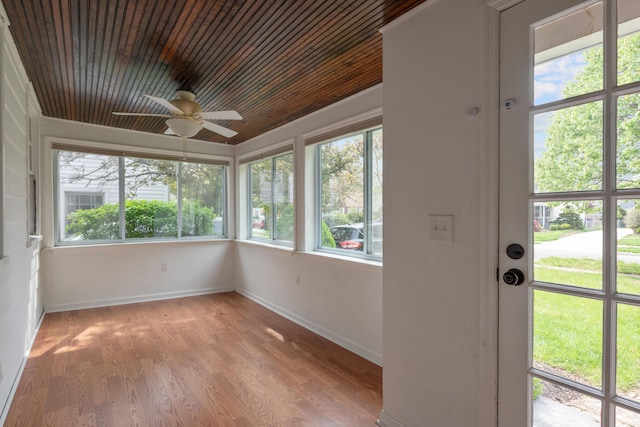 unfurnished sunroom featuring baseboards, wood ceiling, plenty of natural light, and wood finished floors