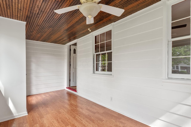 empty room with a ceiling fan, wood walls, wood ceiling, and wood finished floors