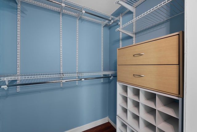 walk in closet featuring dark wood-style flooring