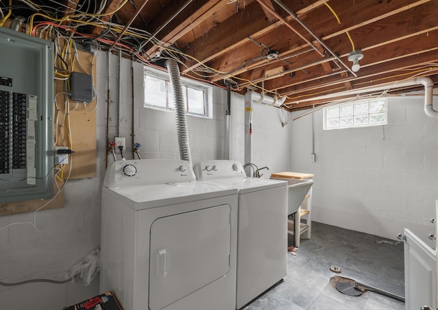 clothes washing area featuring separate washer and dryer, laundry area, and electric panel