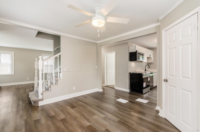 interior space featuring crown molding, dark hardwood / wood-style floors, sink, and ceiling fan