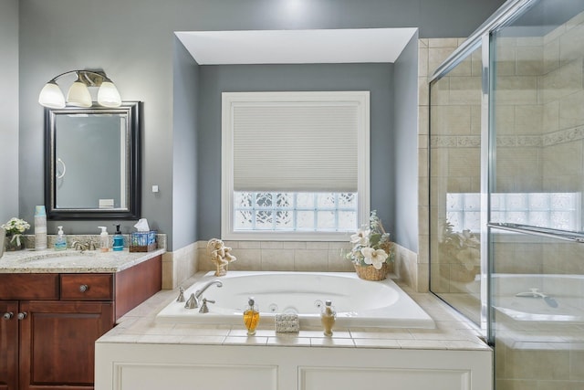 bathroom with vanity and plus walk in shower