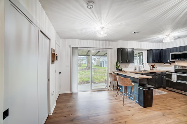 kitchen featuring plenty of natural light, stainless steel appliances, a kitchen breakfast bar, and light wood-type flooring