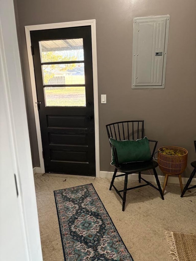 entrance foyer featuring carpet flooring and electric panel