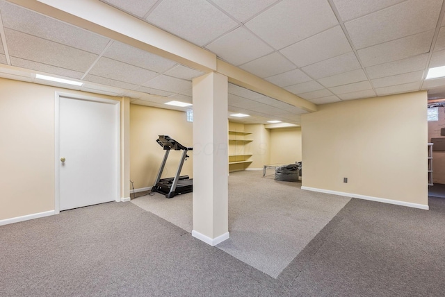 interior space featuring carpet floors and a drop ceiling