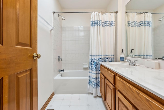 bathroom with vanity and shower / bath combination with curtain