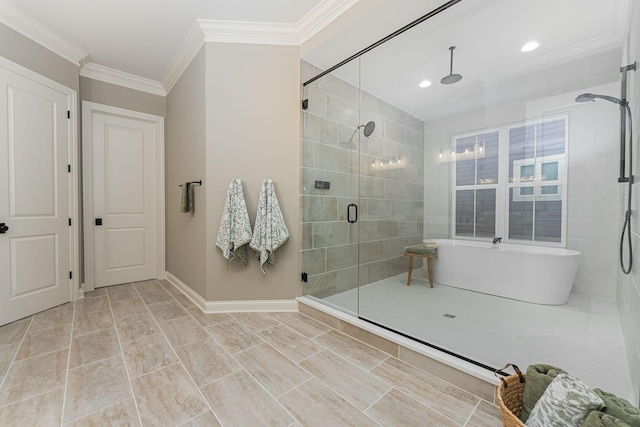 bathroom featuring ornamental molding and walk in shower