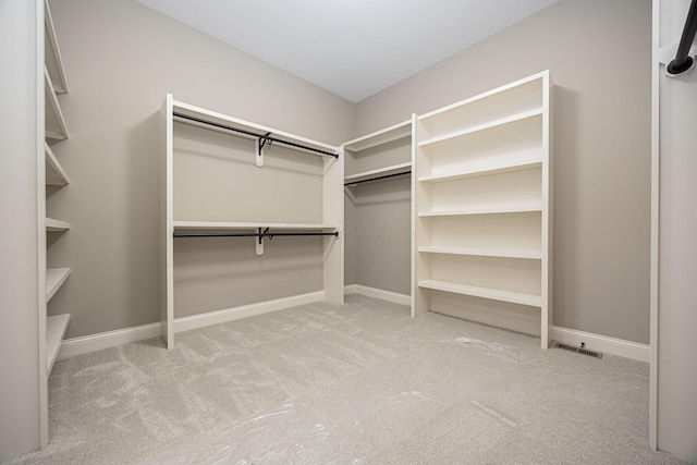 walk in closet featuring light carpet