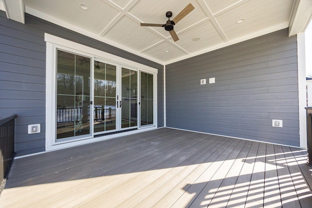 wooden terrace featuring ceiling fan