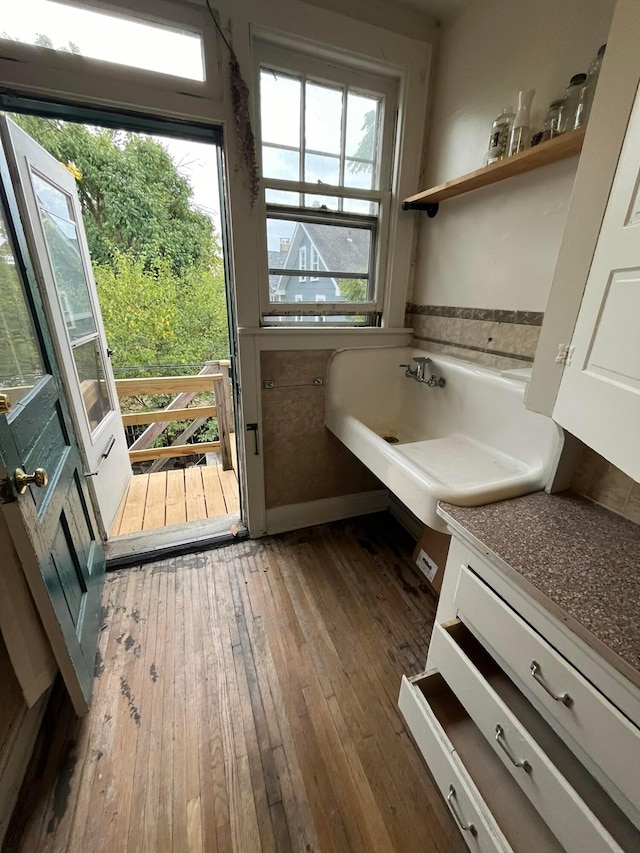 bathroom featuring a healthy amount of sunlight and hardwood / wood-style floors