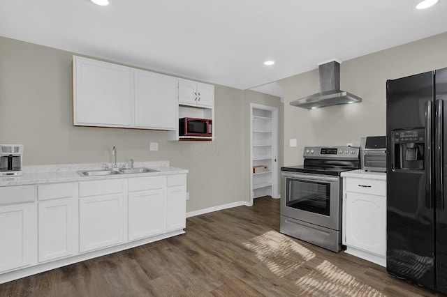 kitchen with white cabinetry, sink, wall chimney exhaust hood, black refrigerator with ice dispenser, and electric stove