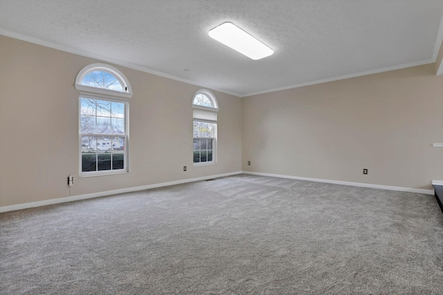 spare room with crown molding, a textured ceiling, and baseboards