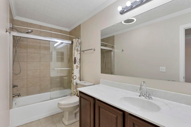 bathroom featuring a textured ceiling, tile patterned flooring, toilet, vanity, and shower / bath combo with shower curtain