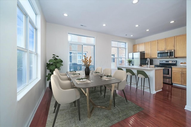 dining space featuring plenty of natural light, dark hardwood / wood-style flooring, and sink