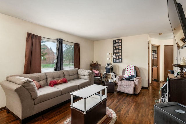 living room with dark hardwood / wood-style flooring