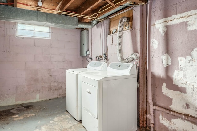 laundry room featuring electric panel and washing machine and clothes dryer