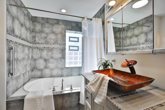 bathroom featuring shower / bath combination with curtain and vanity