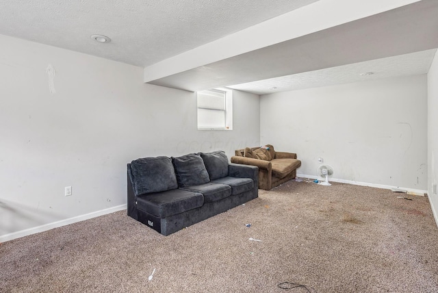 living room with carpet and a textured ceiling