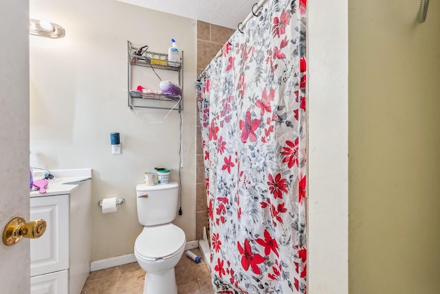 bathroom with walk in shower, toilet, and tile patterned flooring