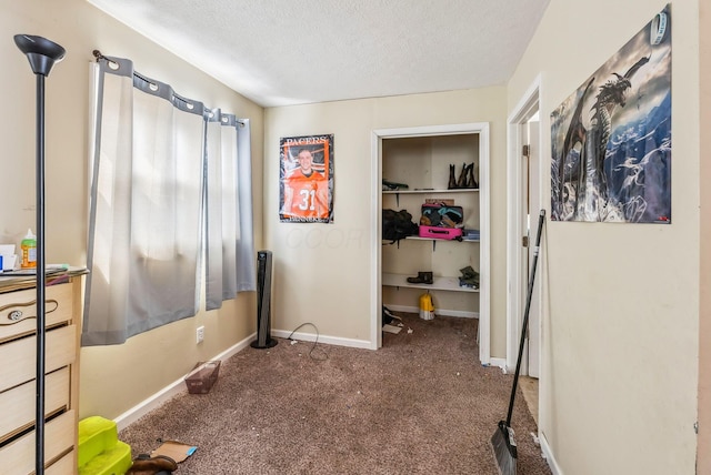 carpeted bedroom featuring a spacious closet, a closet, and a textured ceiling