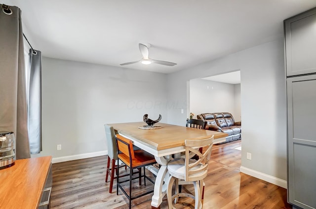 dining area with ceiling fan and wood-type flooring