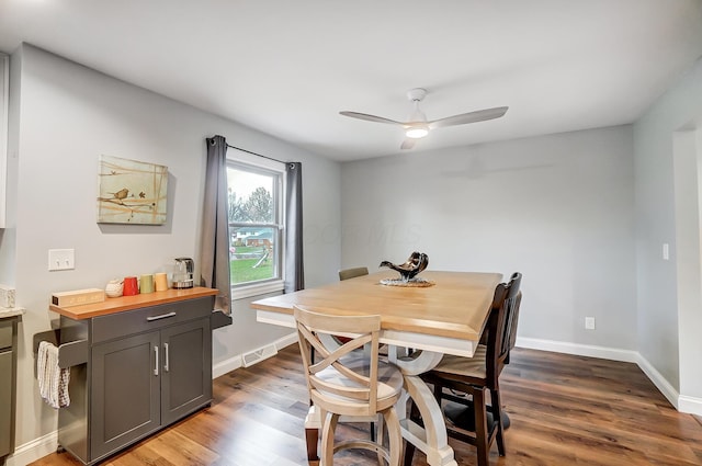 dining room featuring ceiling fan and dark hardwood / wood-style flooring