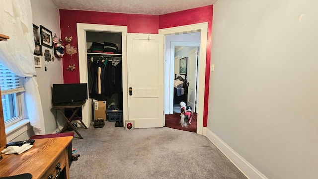 bedroom featuring a closet, carpet, and a textured ceiling