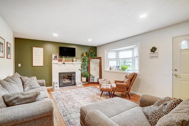 living room featuring a fireplace and wood-type flooring