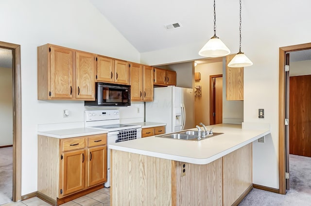 kitchen featuring lofted ceiling, sink, decorative light fixtures, kitchen peninsula, and white appliances