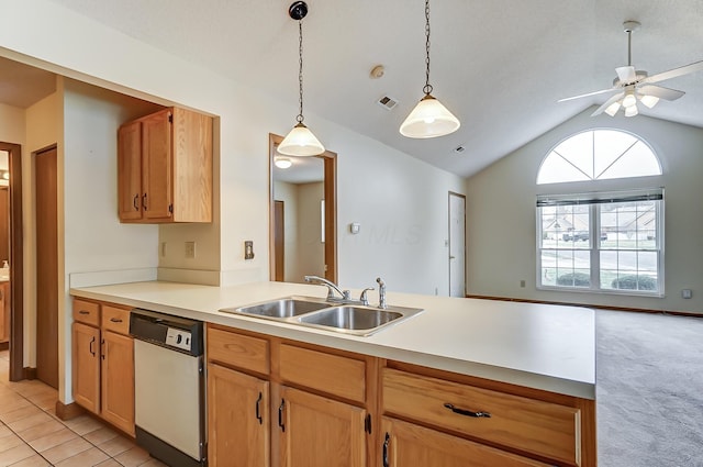 kitchen with sink, white dishwasher, light carpet, decorative light fixtures, and vaulted ceiling