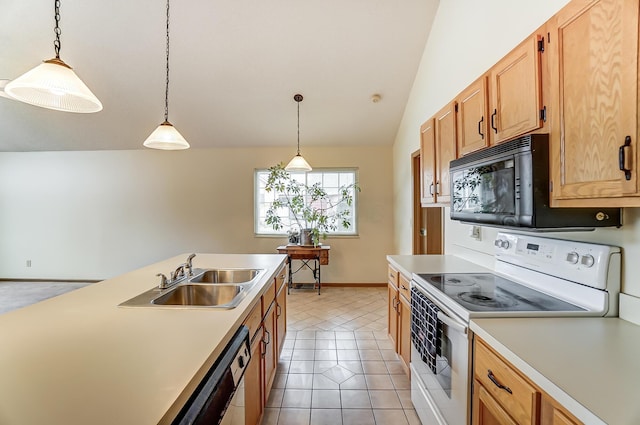 kitchen featuring lofted ceiling, sink, tile patterned flooring, white electric range oven, and decorative light fixtures