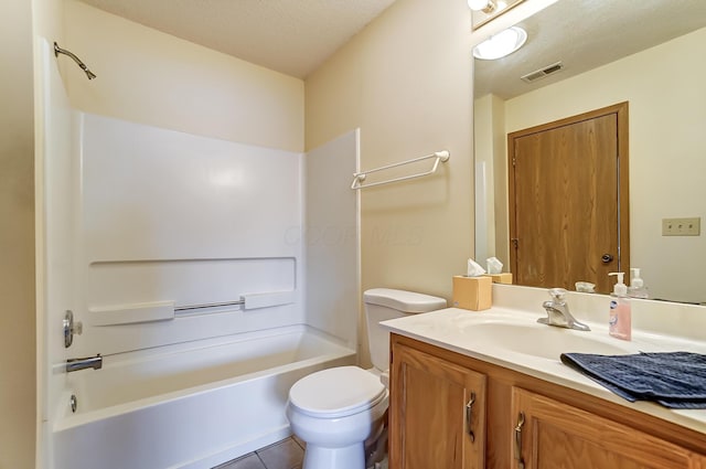 full bathroom featuring vanity, toilet, shower / bath combination, and a textured ceiling