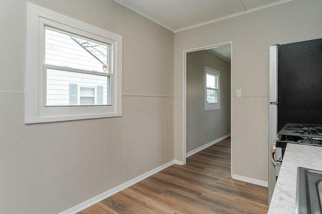 kitchen featuring hardwood / wood-style flooring and crown molding